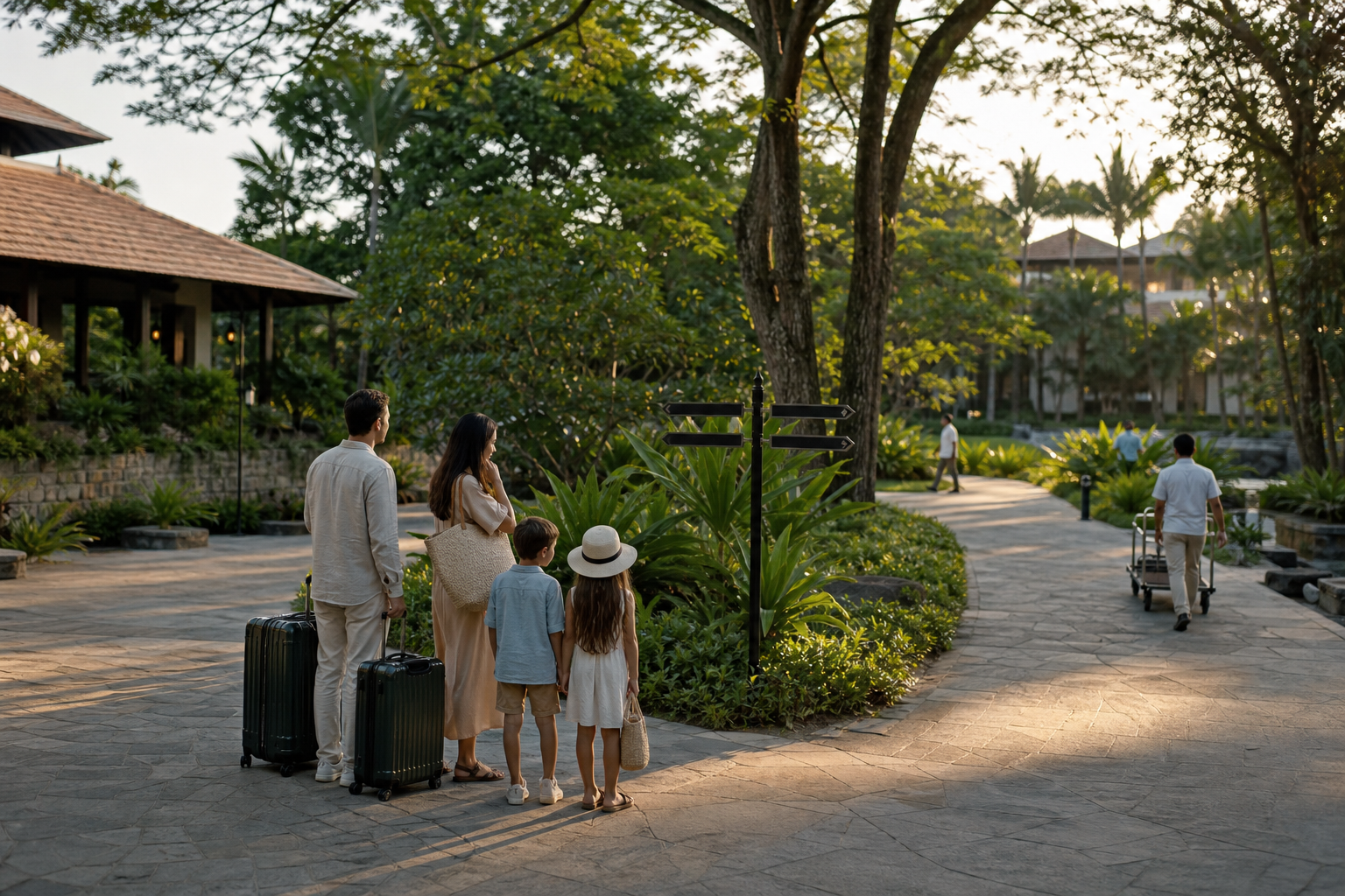 Famille hésitant devant la signalétique d’un resort malgré un environnement parfaitement entretenu