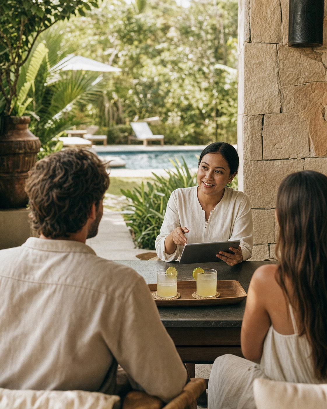 Accueil personnalisé de vacanciers dans un resort premium